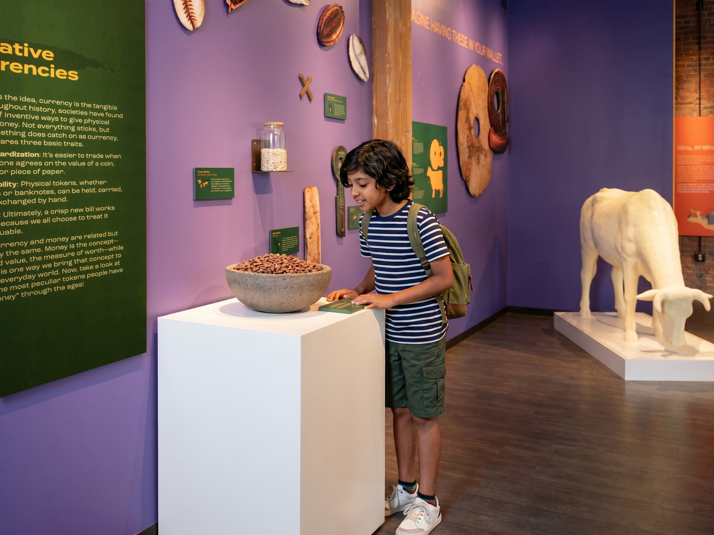 A young student leans in to look at antique currencies, like cocoa beans and stone money, on display at the MoFun.