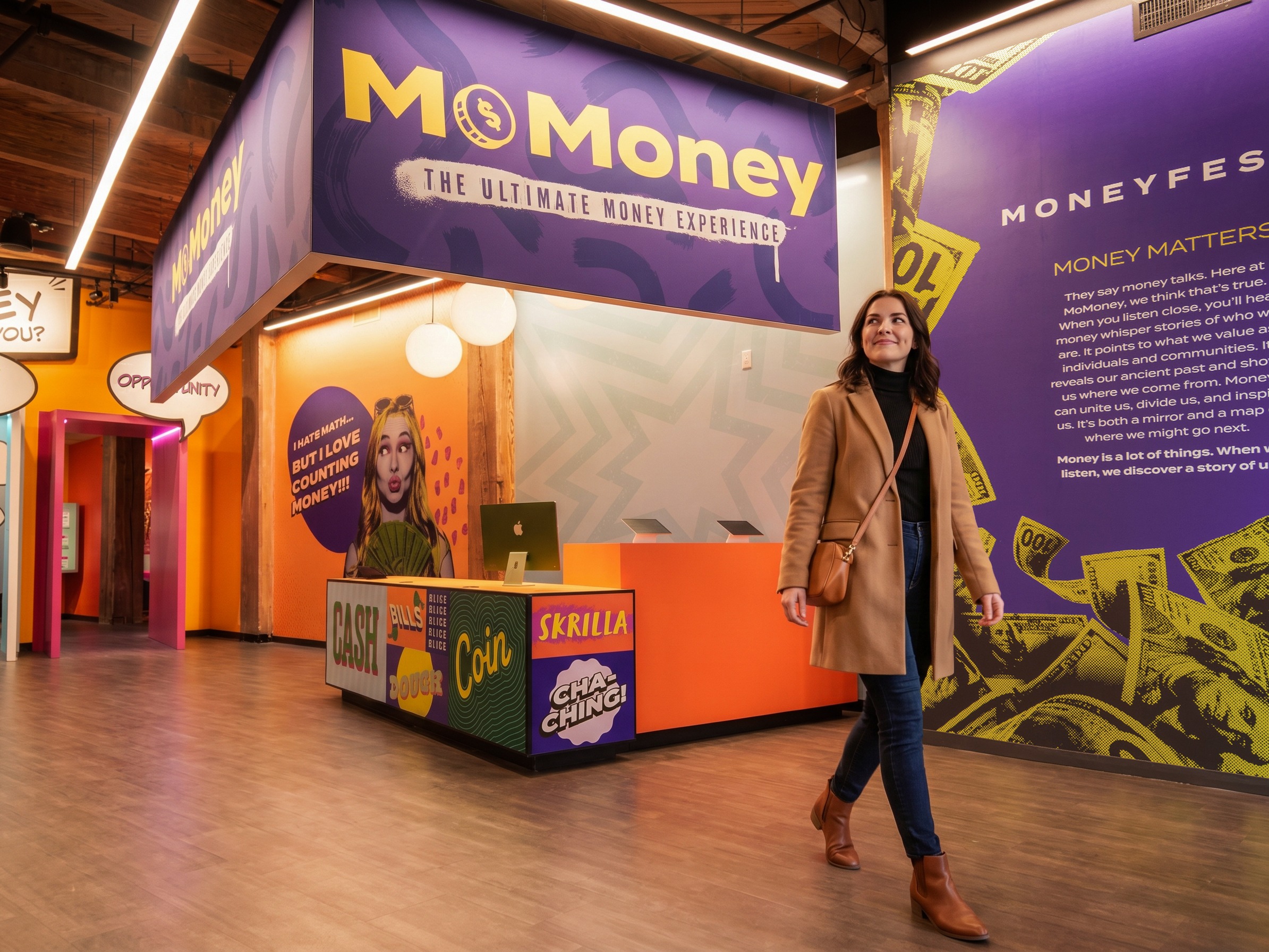 Woman in a camel coat enters MoFun's lobby, looking up at the bright purple-and-yellow signage above the welcome desk.