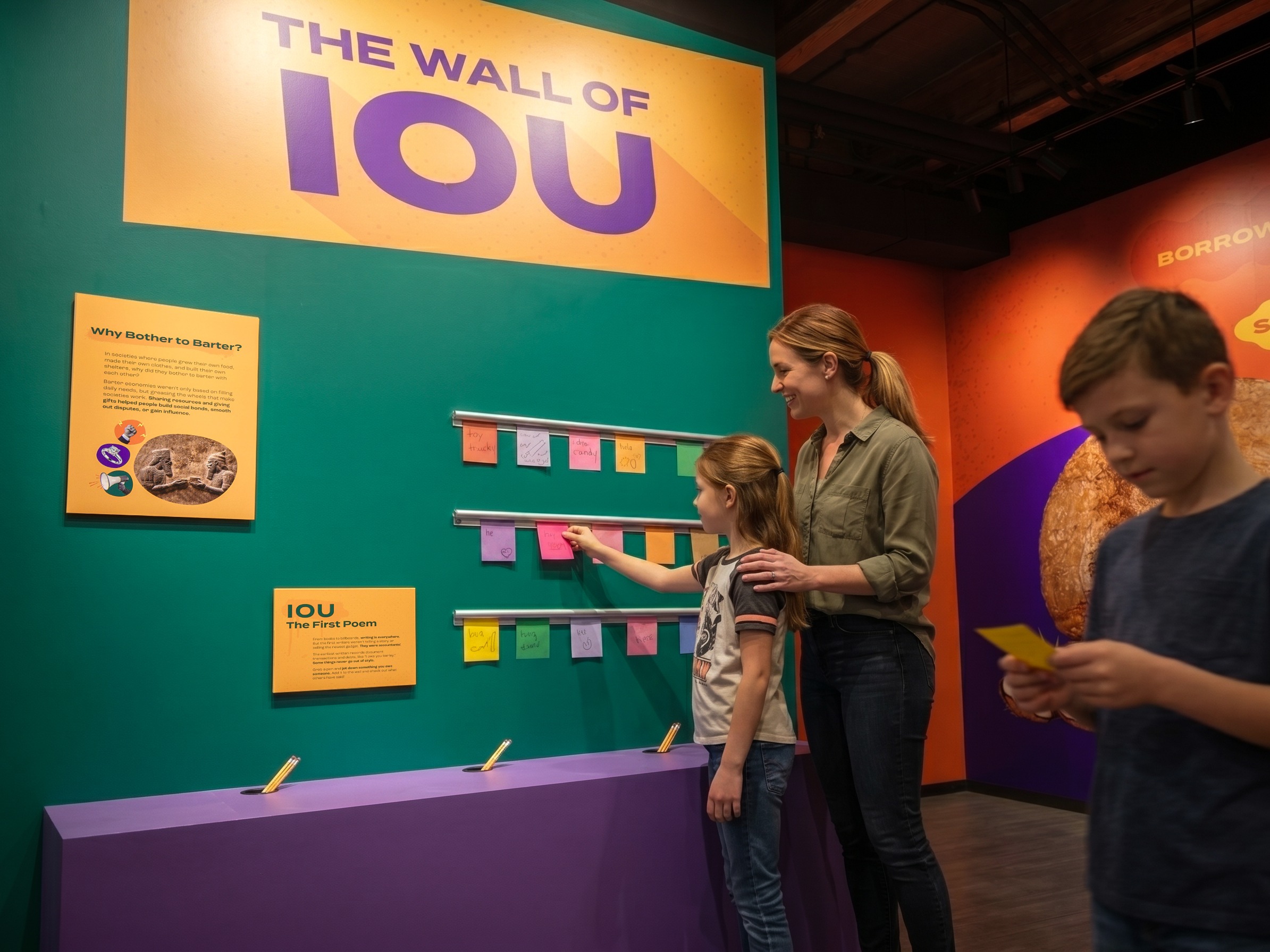 Mom and young daughter pin a handwritten note to MoFun's Wall of IOUs while another student reads nearby.