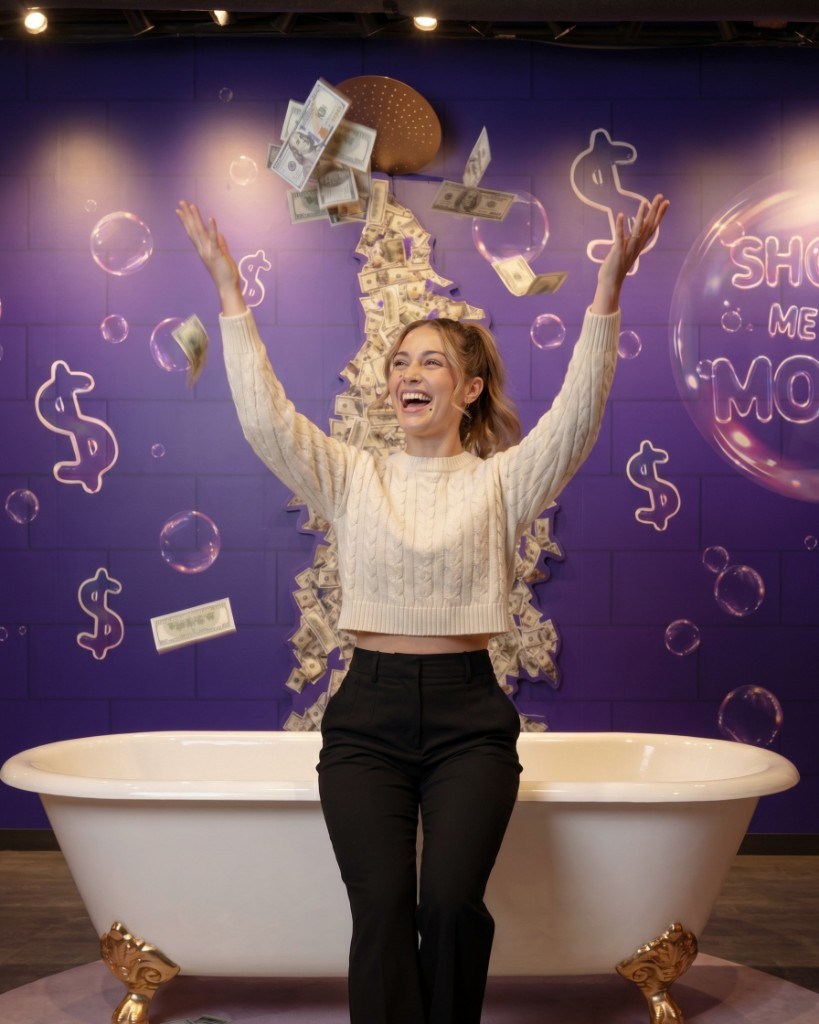 Woman laughs as she tosses cash into the air over a vintage clawfoot bathtub at MoFun's Cash Shower exhibit.