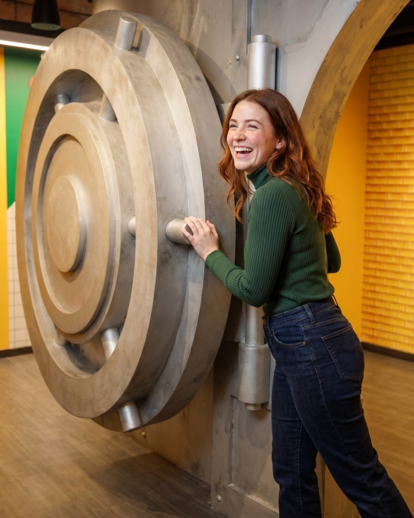 Woman laughs as she leans against the massive silver door of MoFun's walk-in vault exhibit.